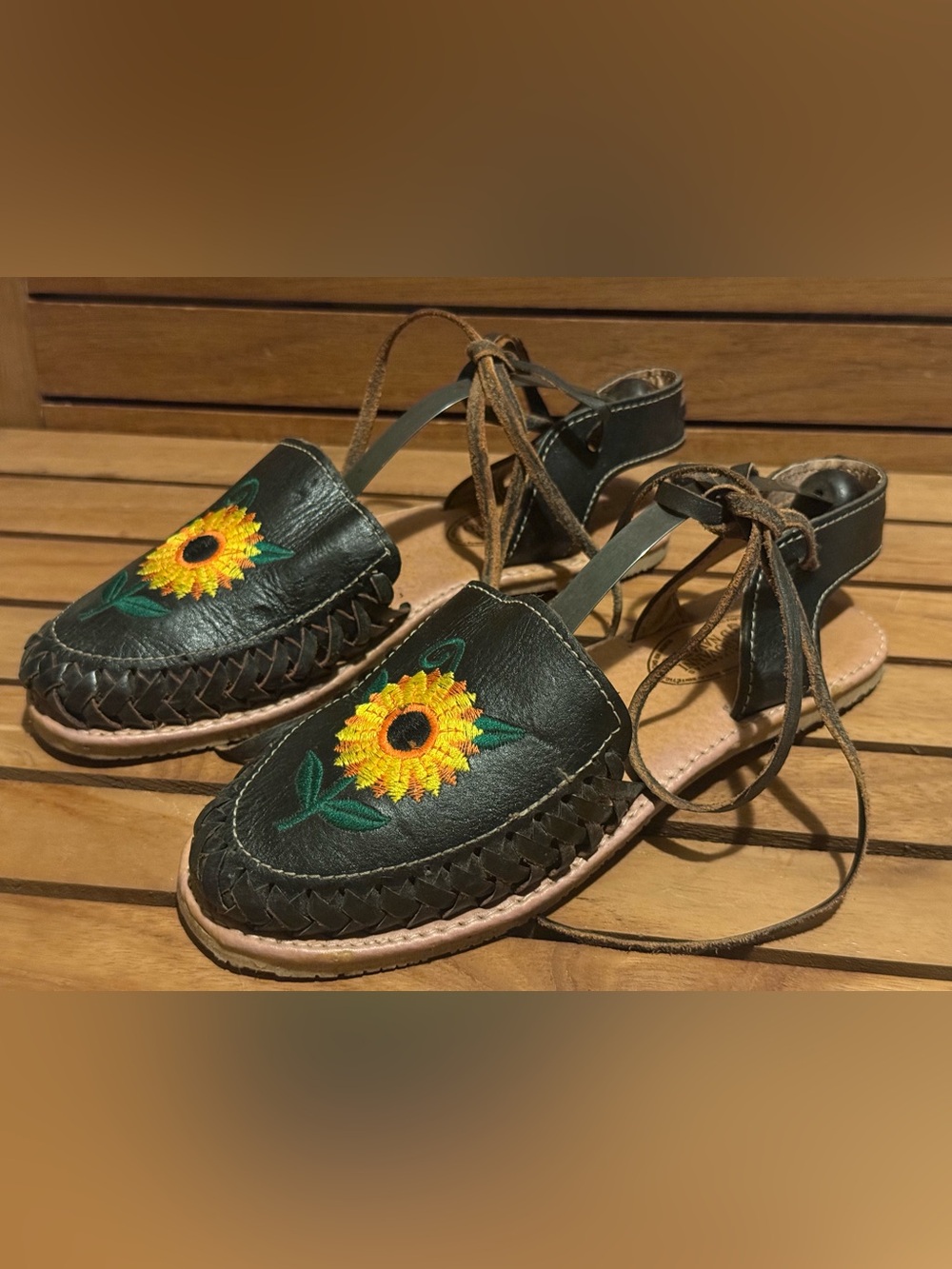Sunflower Embroidered Black Leather Lace-Up Women’s Sandals